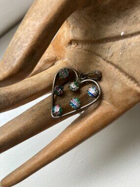 Vintage Pendant Stamped “800” Silver Heart Czech Iris Glass Pin & 925 Chain